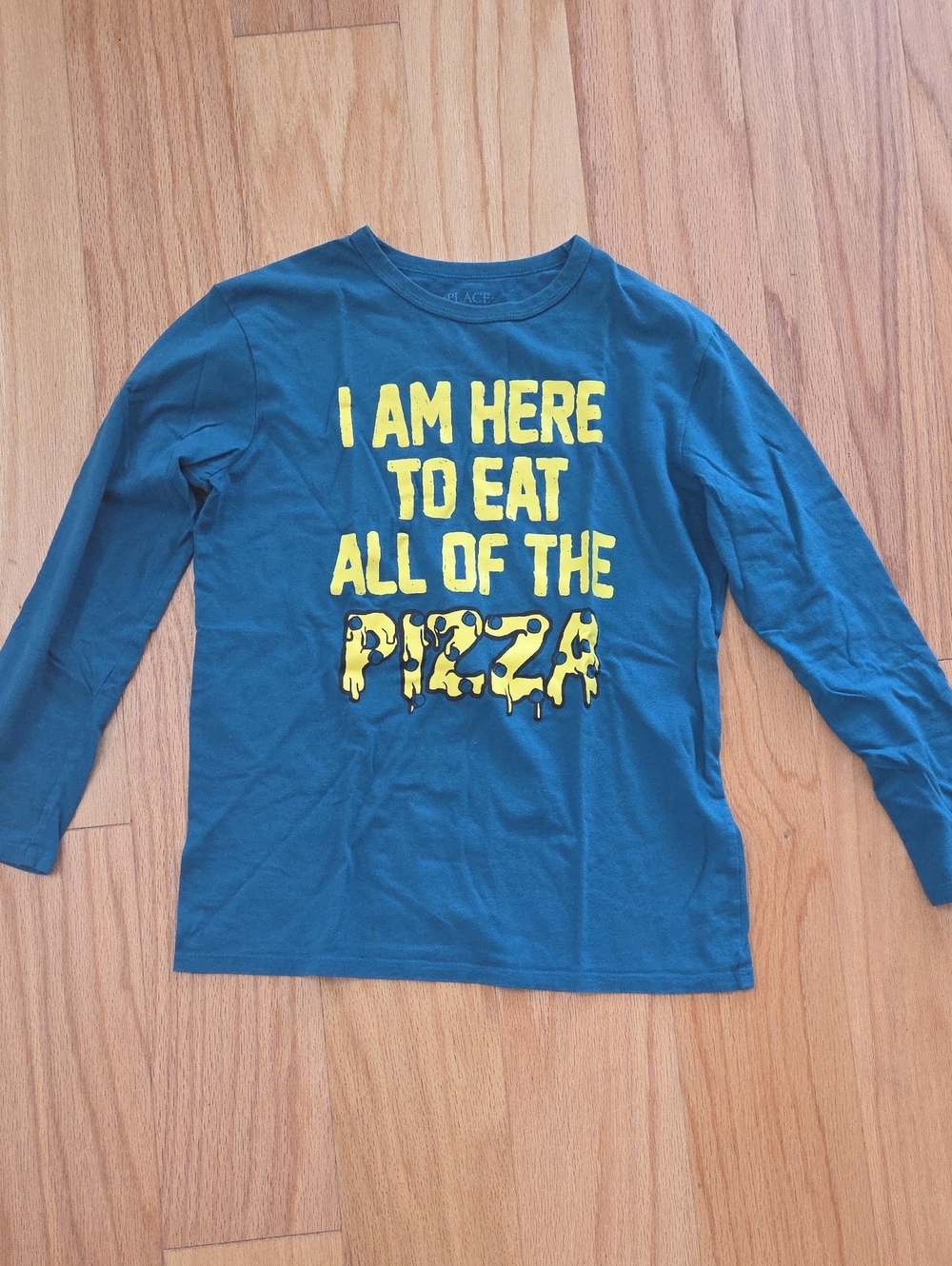 Place Teal Long-Sleeve Shirt with Yellow Pizza Slogan XL